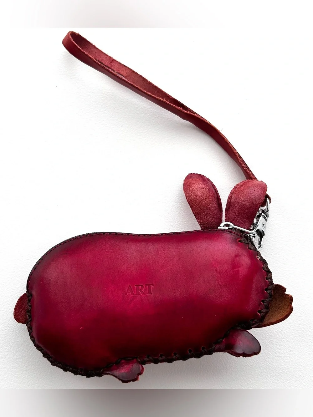 Art Genuine Leather Burgundy Bunny Wristlet Wallet Clutch for keys, cards, coins